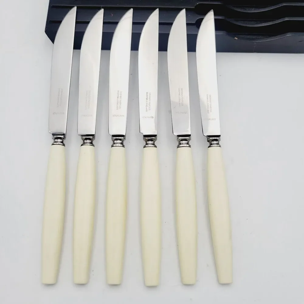Vtg Set 6 Neiman Marcus SHEFFIELD Stainless Steak KNIVES Ivorine Handles England